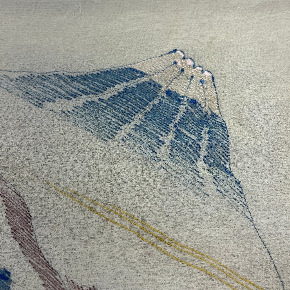 Vintage Hand Painted Japanese Scarf Mount Fuji Pagoda Fisherman Yellow 34in READ - Picture 5 of 12